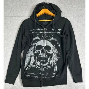 Y2K Social Collision Full Zip Hoodie Mens Small Black Skull Barbed Wire Goth